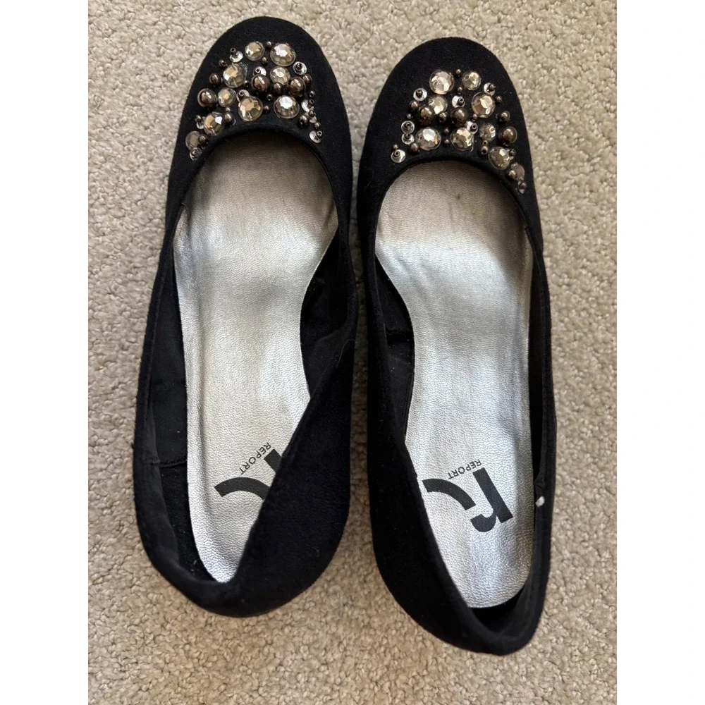 Report Wedge Heels Womens 8 Black Rhinestone‎ Embellished Low Pump Evening Glam